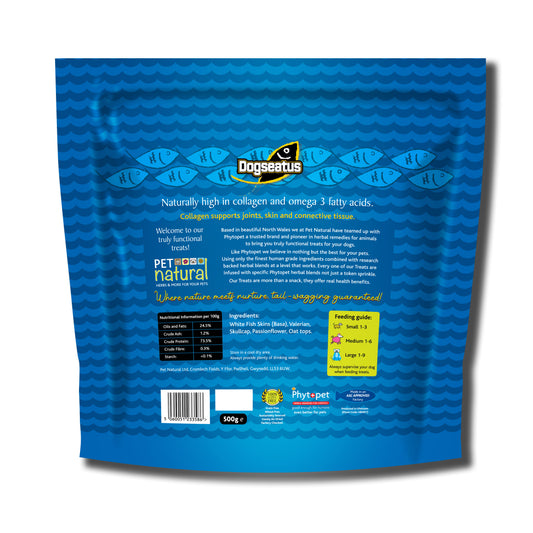 Pet Natural Dogseatus Fish Skin Treats - Calming Herb Mix Cubes - 500g