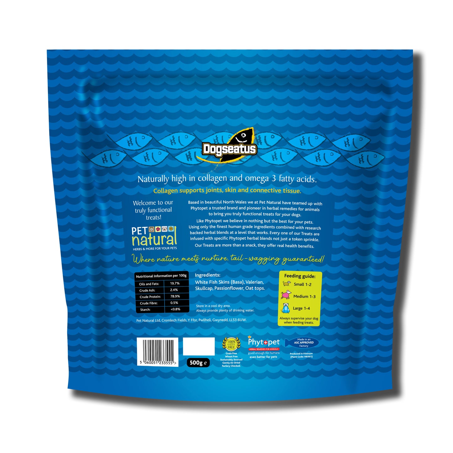 Pet Natural Dogseatus Fish Skin Treats - Calming Herb Mix Flats - 500g