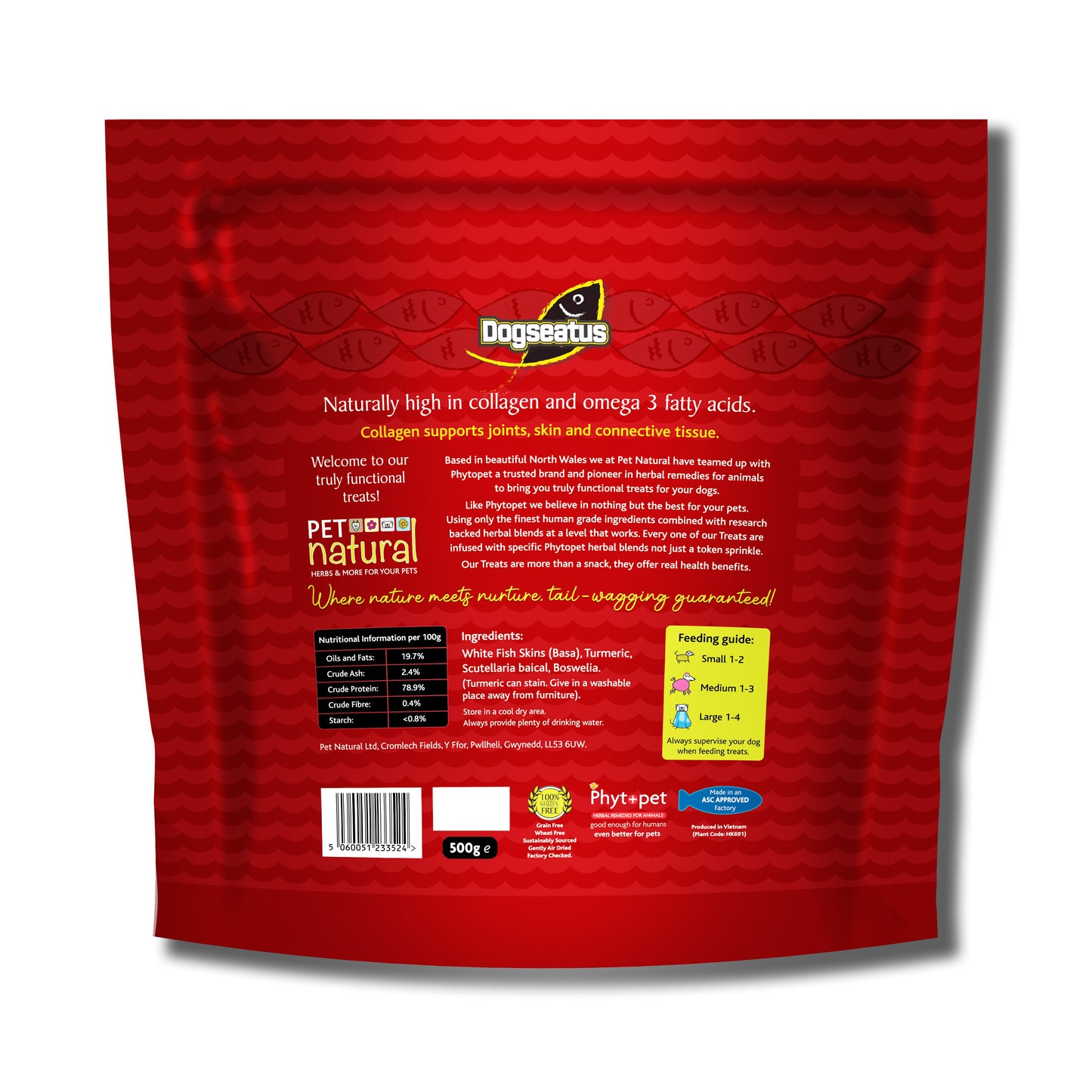 Pet Natural Dogseatus Fish Skin Treats - Joint Support Herb Mix Flats - 500g