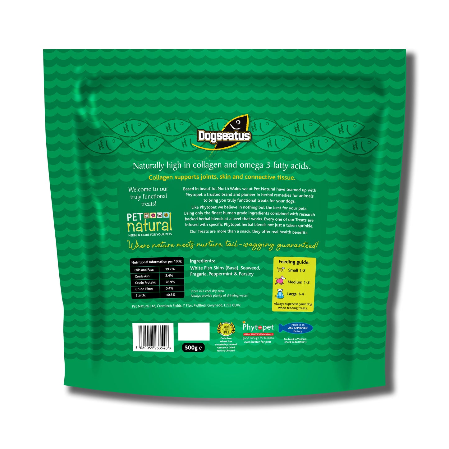 Pet Natural Dogseatus Fish Skin Treats - Teeth Cleaning Herb Mix Flats - 500g