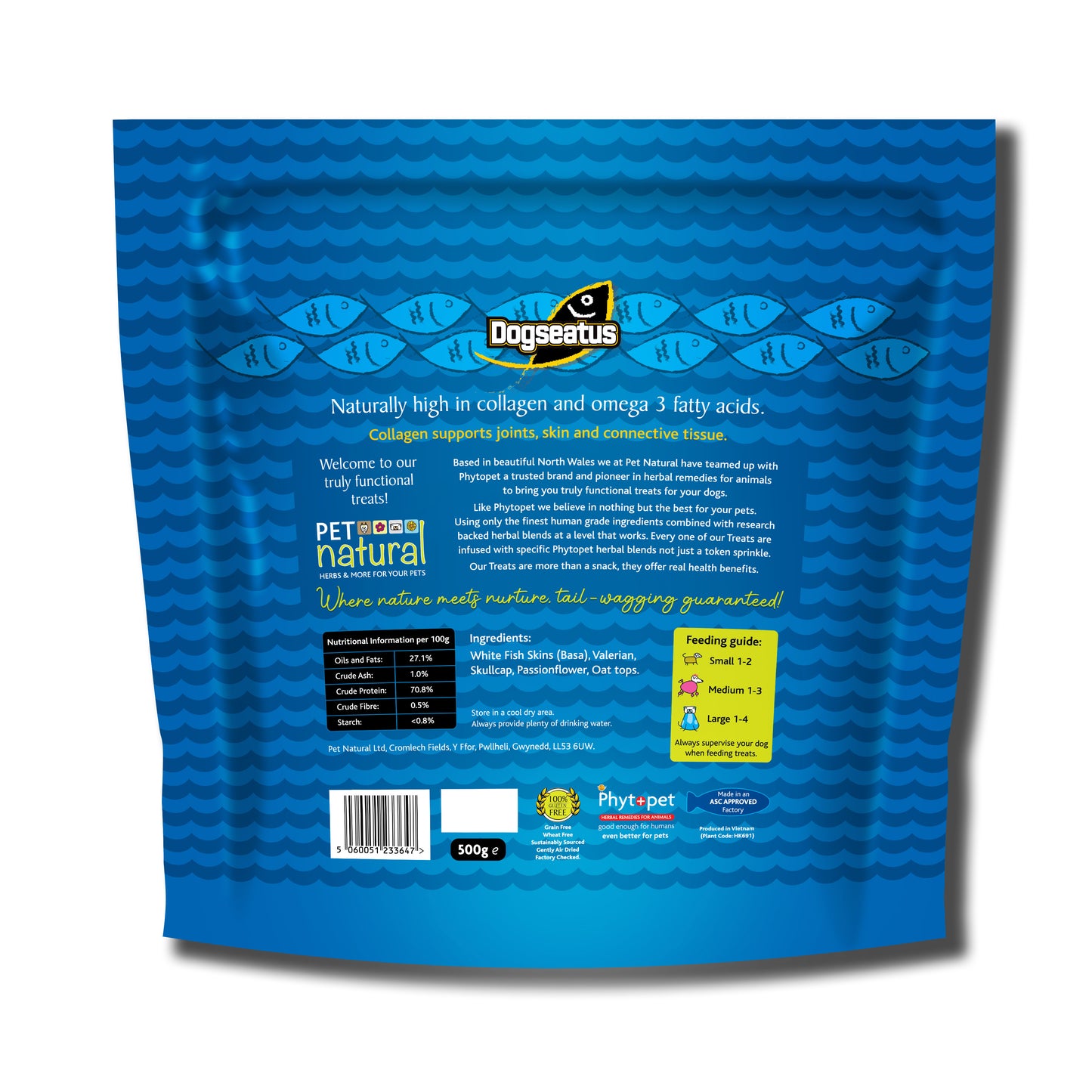 Pet Natural Dogseatus Fish Skin Treats - Calming Herb Mix Twists - 500g