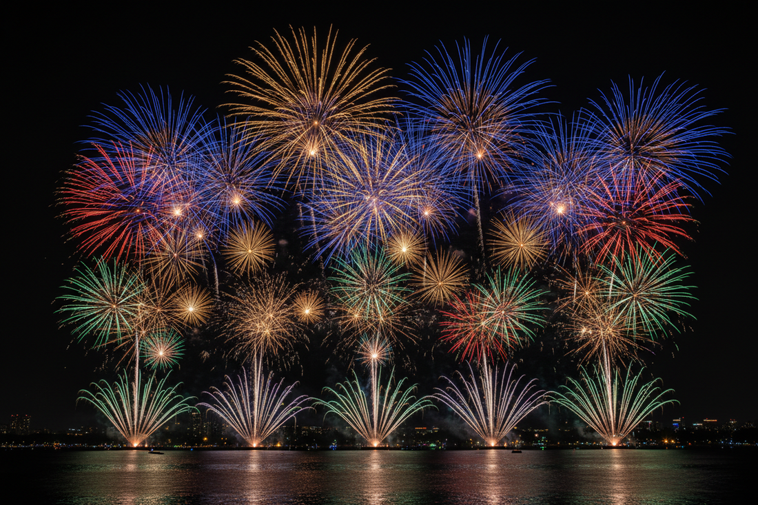 Colourful fireworks in a dark night sky, a stressful sight and sound for many dogs and pets
