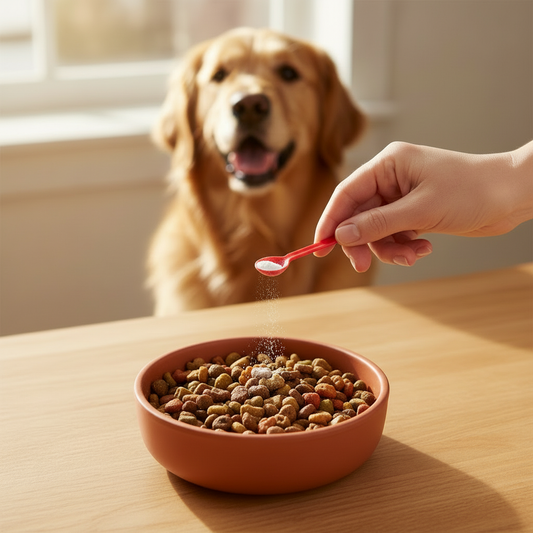 Pet owner adding probiotic powder to food with a tiny red pixie spoon