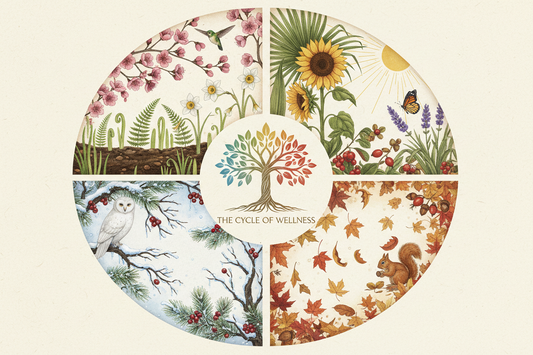 Four seasons collage representing year-round pet care with natural remedies