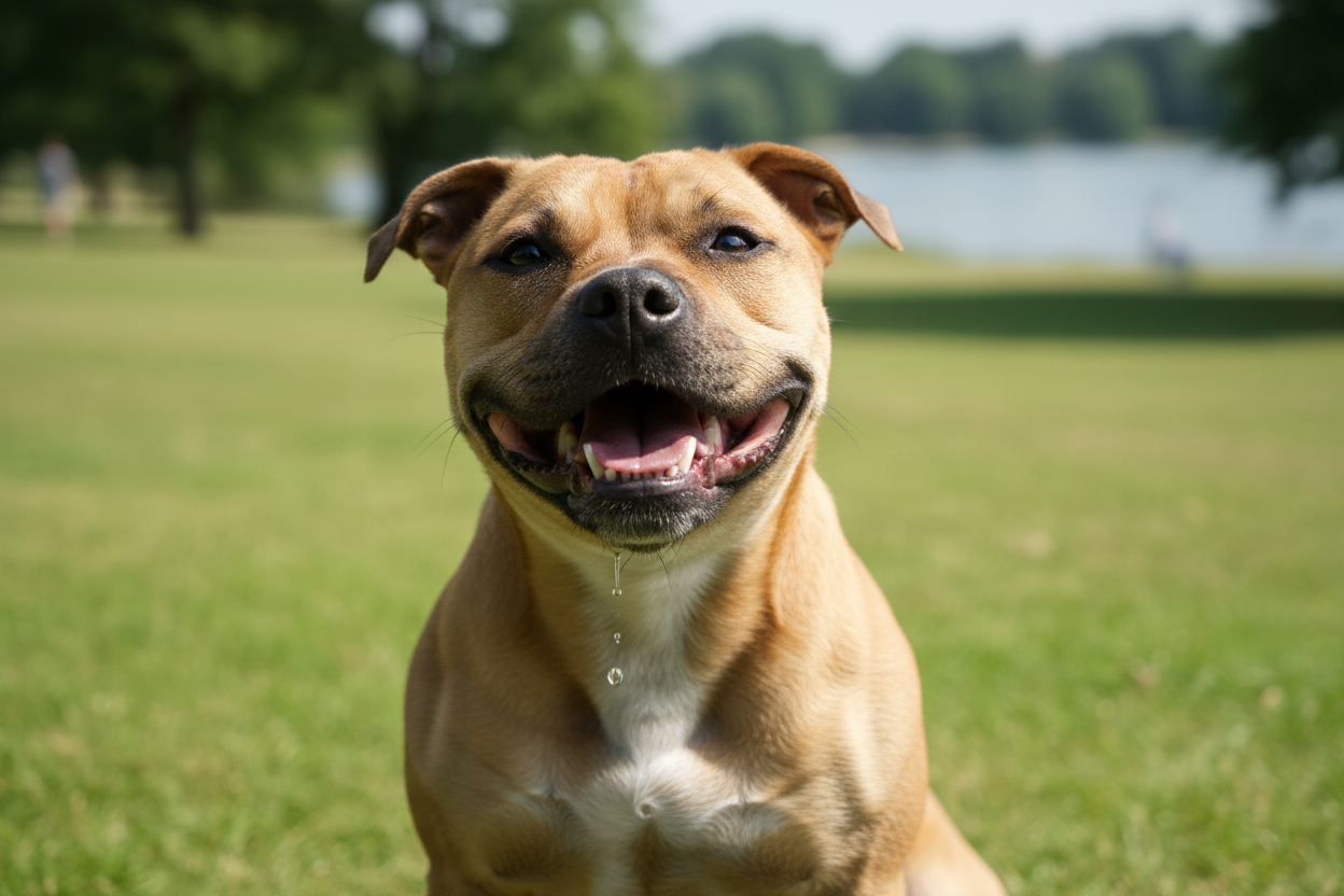 Staffordshire bull terrier smiling 